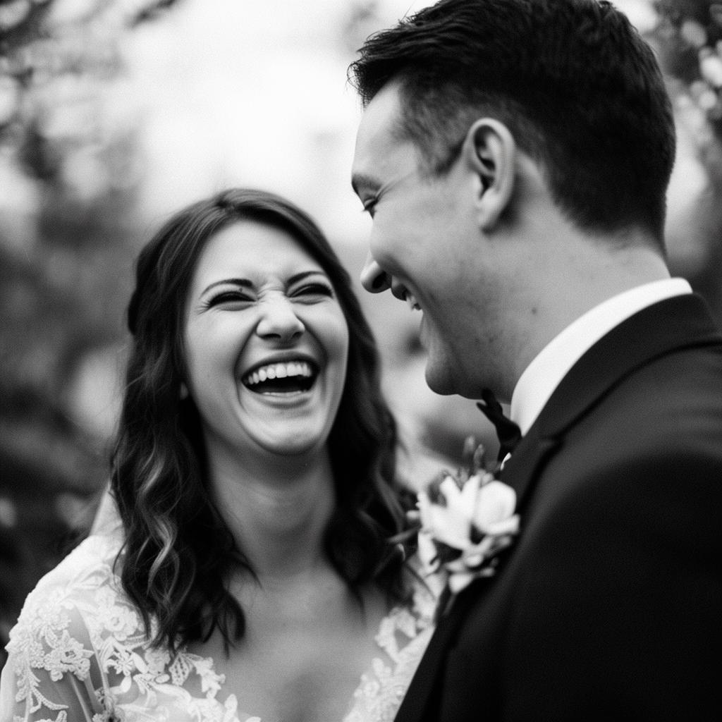 A joyful newlywed couple sharing an intimate moment